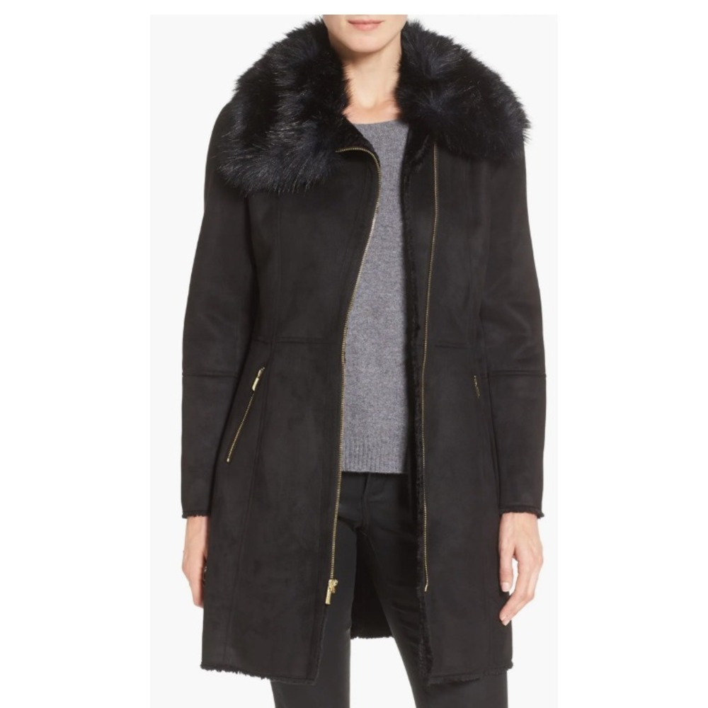 Cole Haan Signature Faux Shearling Coat Parka Faux Fur Trim Black Women's Large
